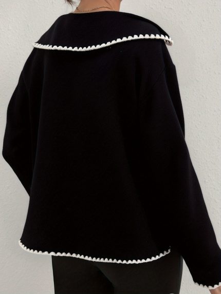 Women's Soft Cardigan Jacket with White Piping Trim - Lapel Collar & Single-Breasted Button Front, H-Line Silhouette (Blacku002FWhite) - Casual Winter Coat for Fallu002FWinter, Office & Semi-Formal Wear, Machine Washable