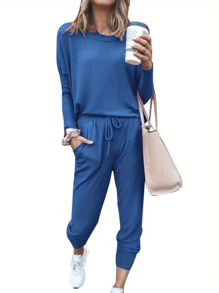 Women'S Solid Color Long Sleeved Casual Suit Round Neck Long Sleeved Jumper Draw Rope Tight Belt Sports Suit, Casual Wear, Workout Outfit, Minimalist Design, Sleek Style, Stretchy Fabric, Durable Construction, Women'S Jumper