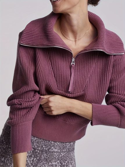 Women'S Cozy Maroon Sweater with Zip-Up Hood - Long Sleeve, Turtleneck, Geometric Pattern, Casual Winter Top, Casual Winter Wear | Turtleneck Sweater | Construction, Sweater Dress