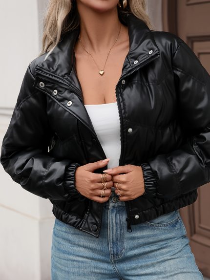 Women's Elegant Short Winter Jacket - Black Full-Zip H-Line Coat with Stand Collar, Full-Length Zipper & Structured Hanger Fit | Casual to Semi-Formal Outerwear for Fallu002FWinter | Non-Stretch Fabric (No Belt Loops) | Easy-Care Spot Clean Only, Lightweight Jacket for Women, Coats for Women, Warm Jacket for Women, Winter Coats for Women, Fleece Jacket for Women, Fall Fashion, Seasonal Layering, Durable Construction, Office Wear