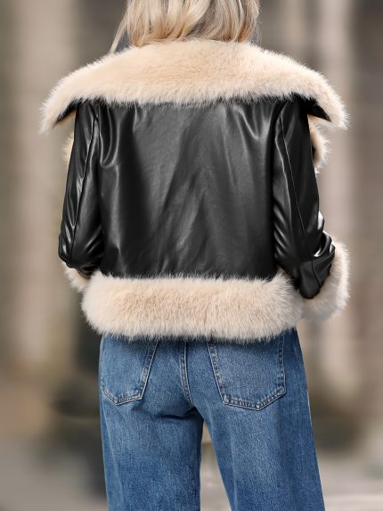 Women's Thickened Full-Length Winter Coat with Full Faux Fur Collar - Full-Zip Front Closure, H-Line Silhouette, Solid Black & White Faux Fur Coat for Fallu002FWinter, Casual & Formal Outerwear (No-Stretch Fabric, Zip-Up Design, Long Sleeves, Structured