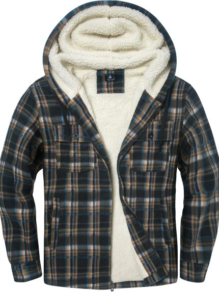 Men's Flannel-Lined Hooded Jacket with Plaid Pattern - Winter Warm Zip-Up Coat, Machine Washable Polyester Lining & Button Detailing, Regular Fit Casual Outerwear for Cold Weather, Outdoor Activities, Classic Design, Quality Stitching, Insulated Coat, Outdoor Enthusiasts, Seasonal Coat, Durable Construction, Casual Attire