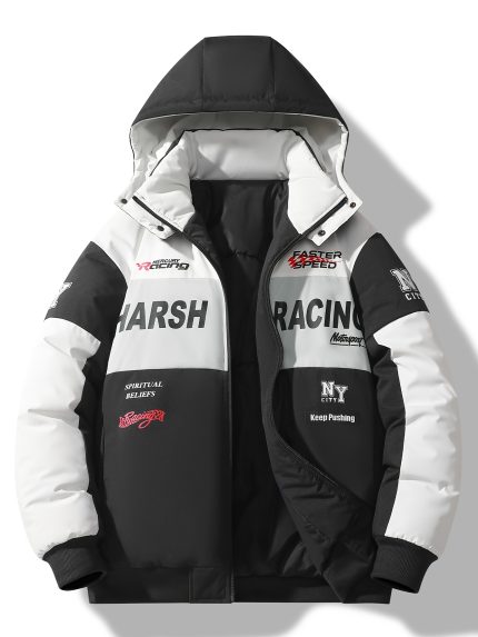 Men'S Casual Motorcycle Jacket, Warm Pilot Fashion Top 6023, 100% Polyester Hooded Collar with Alphabet Pattern, Long Sleeve Regular Fit, Non-Stretch Woven Fabric, Zipper Placket, with Pockets - 280gsm