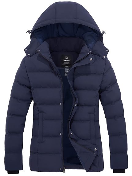 Wantdo Women's High Quality Windproof Quilted Puffer Jacket - Winter Warm Insulated Parka with Removable Hood, Multi-Pocket Design, Durable Polyester Filling & Machine Washable - Casual Outdoor Travel Coat (Navy Blue), Full Front Zipper | Zippered Storage