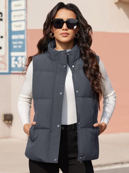 Women'S Puffer Vest Oversized Zip Up Outerwear Lightweight Winter Padded Jacket With Pockets Stand Collar Windproof Quited Outerwear For Runnning Camping Fishing Hiking Working