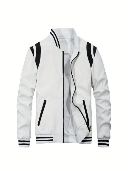 Men's Retro White & Black Bomber Jacket with Full-Zip Front, Collar & Pockets - Machine Washable Long Sleeve Casual Coat, & for & Young s (Whiteu002FBlack) - -Inspired Outerwear