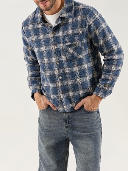 Men's Casual Flannel Shacket Jacket - All-Season Blue Black White Plaid Print Lapel Collar Button-Front Closure with Chest Pockets, H-Fit Outerwear for Spring Fall Winter, Machine Washable Layered Jacket, Fleece Lined Jacket
