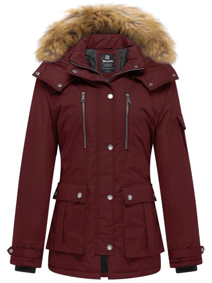 wantdo Women's Thicken Waterproof Puffer Jacket Winter Windproof Warm Puffy Coat Casual Outdoor Travel Multi-pocket Insulated Parka Cold Durable Polyester Filling Detachable Faux Fur Hooded Overcoat Long Sleeve Full-zip Outwear Lady Clothes
