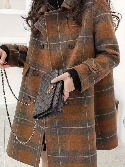 Women's Elegant Scottish Tartan Tweed Coat - Longline Floor-Length or Floor-Skimming Jacket with Golden Buttons, Structured Collar & Belted Hem, Machine Washable Winter Outerwear for Fallu002FWinter, Scottish Plaid Design (Brownu002FBlacku002FBeigeu002FTan) - Button-Up Front Closure, No Stretch Fabric, Classic Tartan Pattern, Suitable for Layering or Standalone Wear, Winter Tweed Jackets For Women, Winter Clothes For Women
