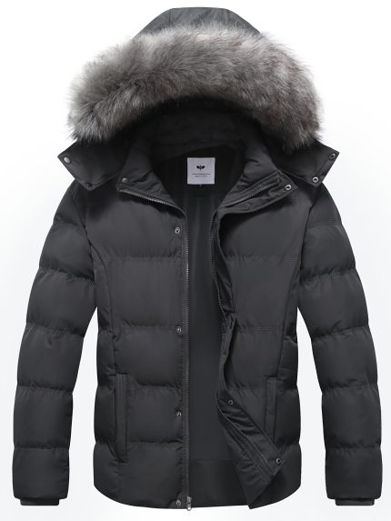 Men'S Winter Hooded Jacket with Faux Fur-Lined Hood - Thermal Insulated Casual Outdoor Coat, Full-Zip Front, Navy, Regular Fit for Cold Weather, Winter Coat, Durable Weatherresistant Material