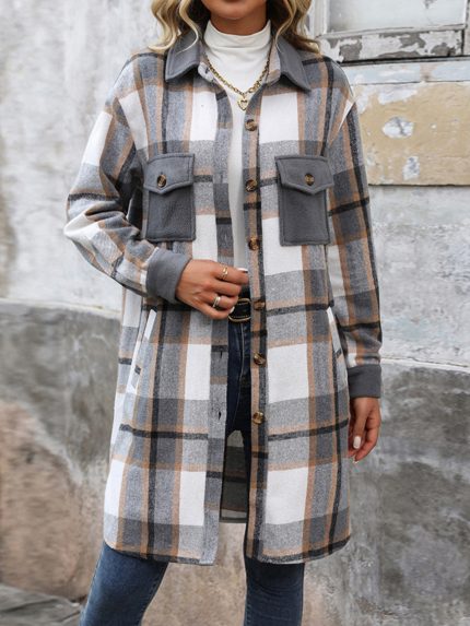Women's Casual Checkered Coat Khaki Gray & Burgundy - Machine Washable Winter Coat with Pockets, Versatile Cold Weather Outerwear for Everyday Style, Ladies Winter Coats, Durable Fabric