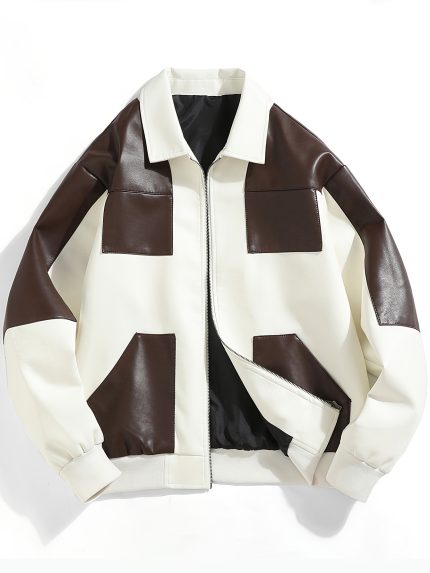 Men'S Casual Color-Block Faux Leather Jacket - Windproof Short Length Bomber with Zipper Closure, Beige & Brown Contrast Design, Regular Fit for Autumn & Winter, Autumn Outerwear, Modern Men'S Jacket, Durable Outerwear